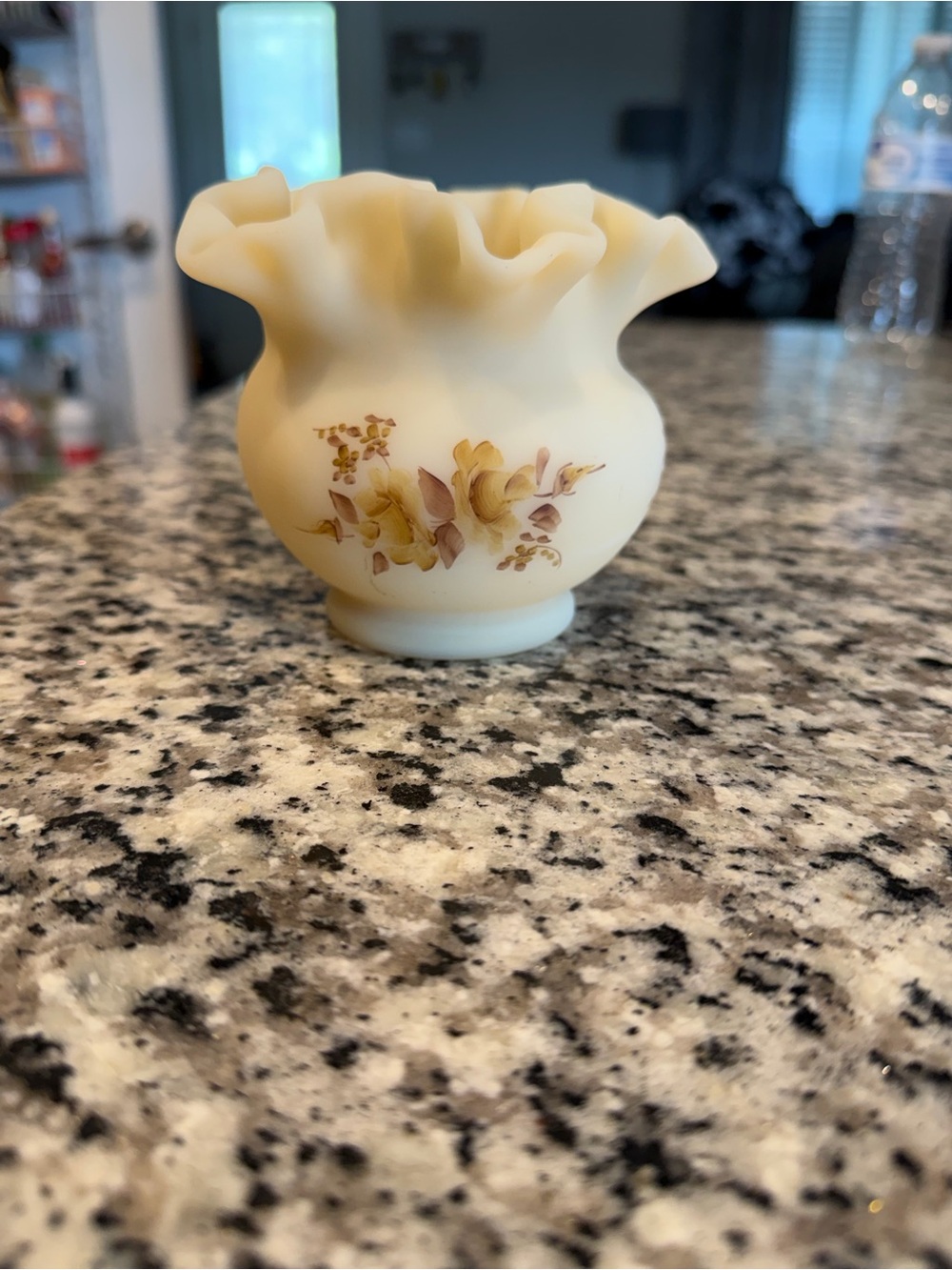 Fenton Cream Ruffled Glass Vase with Floral Motif